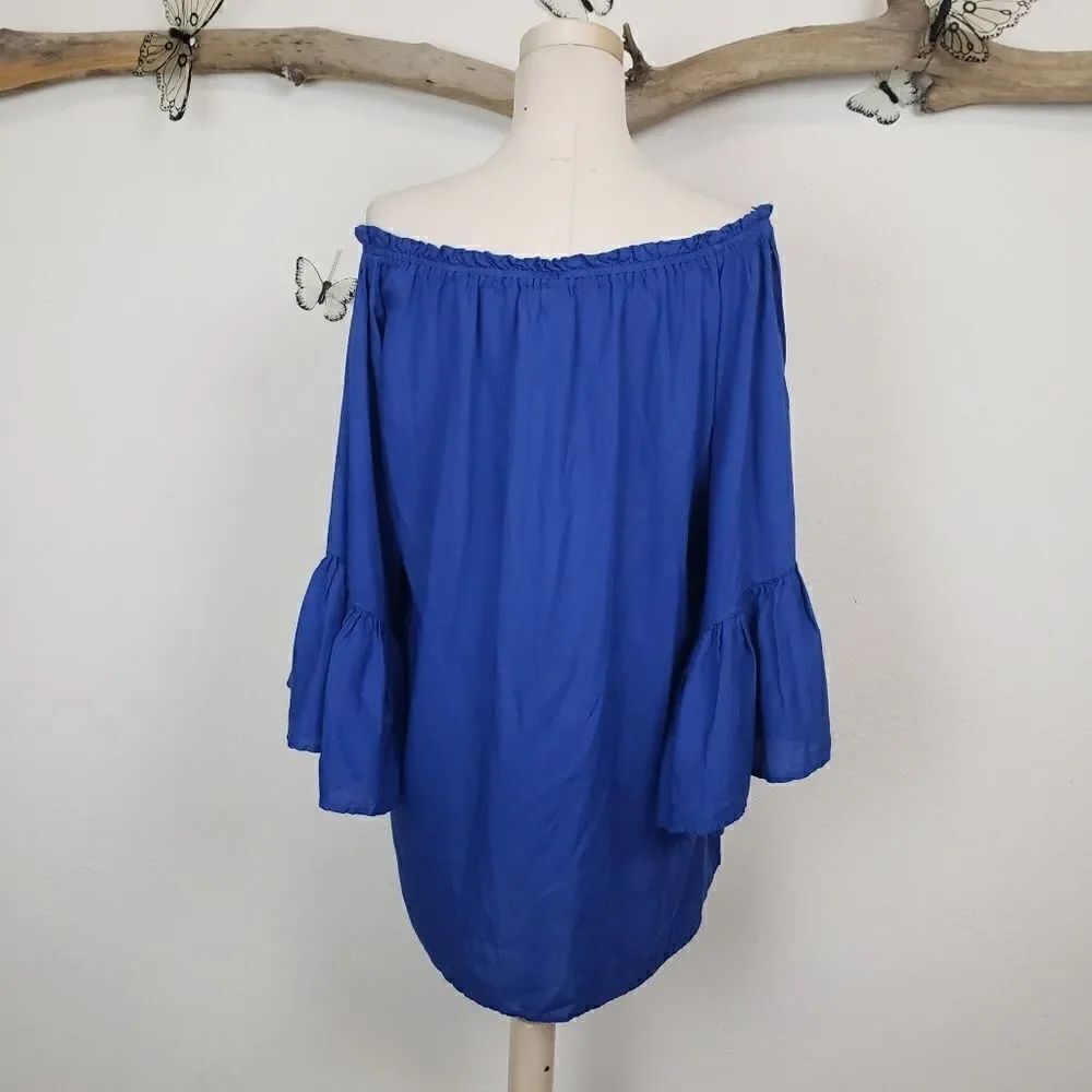 Venus blue off the shoulder ruffle sleeve top